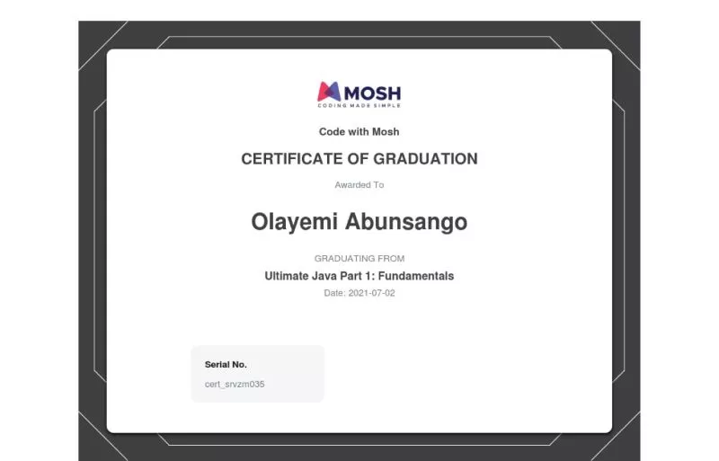Certificate of completion for Java Part 1