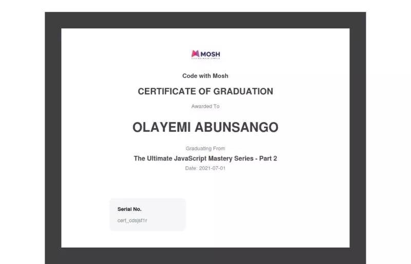 Certificate of completion for JavaScript Part 2
