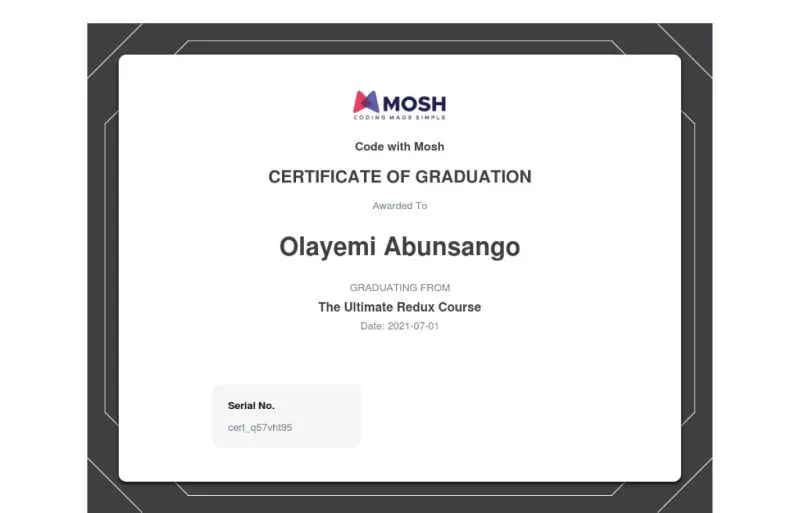 Certificate of completion for Redux